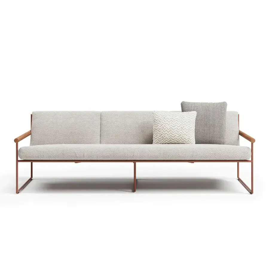 Captivating Atmosphera Pipe sofa with terracotta epoxy-coated steel, teak armrests and hand-woven neutral gray acrylic cords