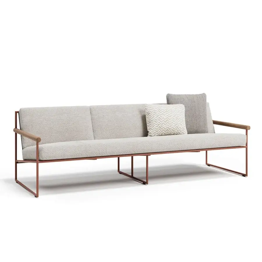 Distinguished Atmosphera Pipe sofa with terracotta epoxy-coated steel, hand-woven beige acrylic cord and smooth teak armrests