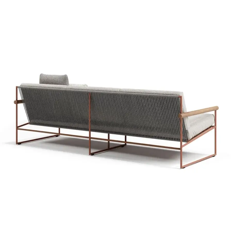 Exceptional Atmosphera Pipe sofa with terracotta epoxy-coated steel, hand-woven gray acrylic cord and teak armrests