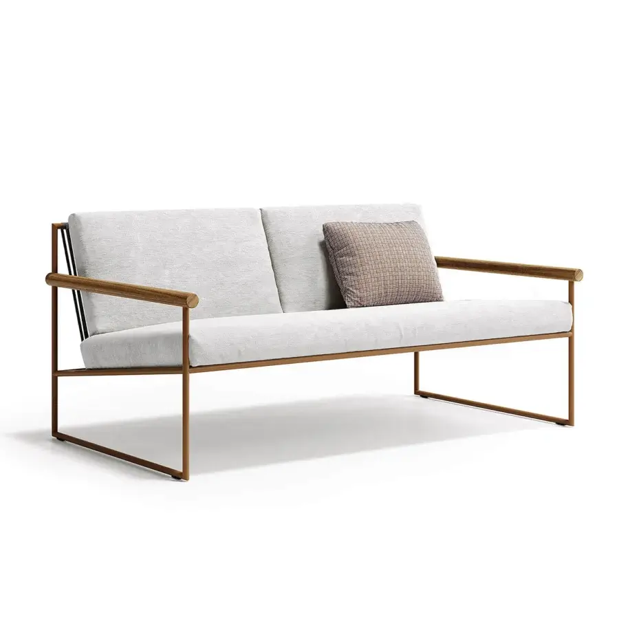 Superior Atmosphera Pipe sofa with terracotta epoxy-coated steel, light gray textile and hand-woven acrylic cord backrest