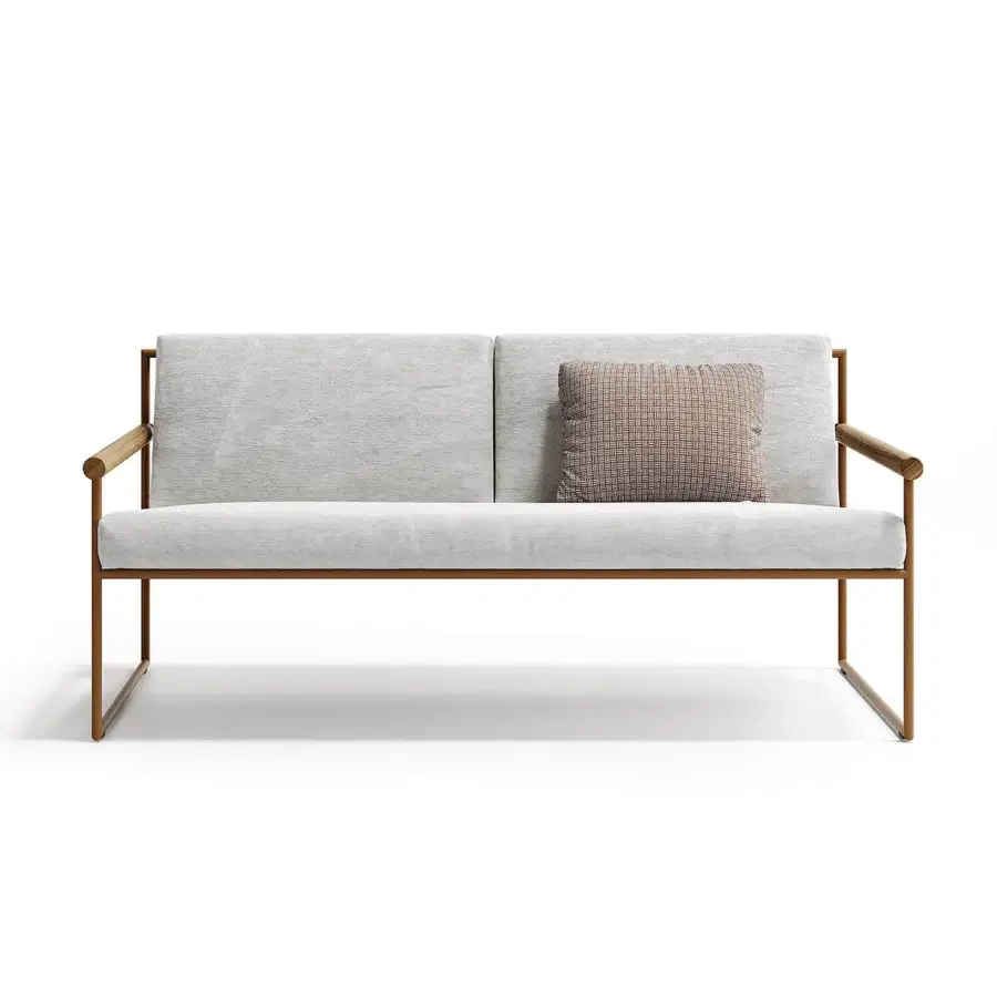 Elegant Atmosphera Pipe sofa with terracotta epoxy-coated steel frame and hand-woven light gray acrylic cord backrest
