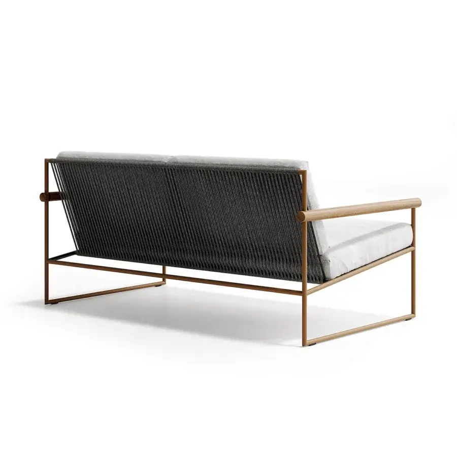 Distinguished Atmosphera Pipe sofa with terracotta epoxy-coated steel frame and dark gray ribbed textile cushions crafted with teak armrests