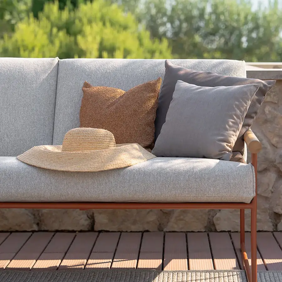 Distinguished Atmosphera Pipe sofa with terracotta epoxy-coated steel, light gray textile upholstery and hand-woven acrylic cord backrest