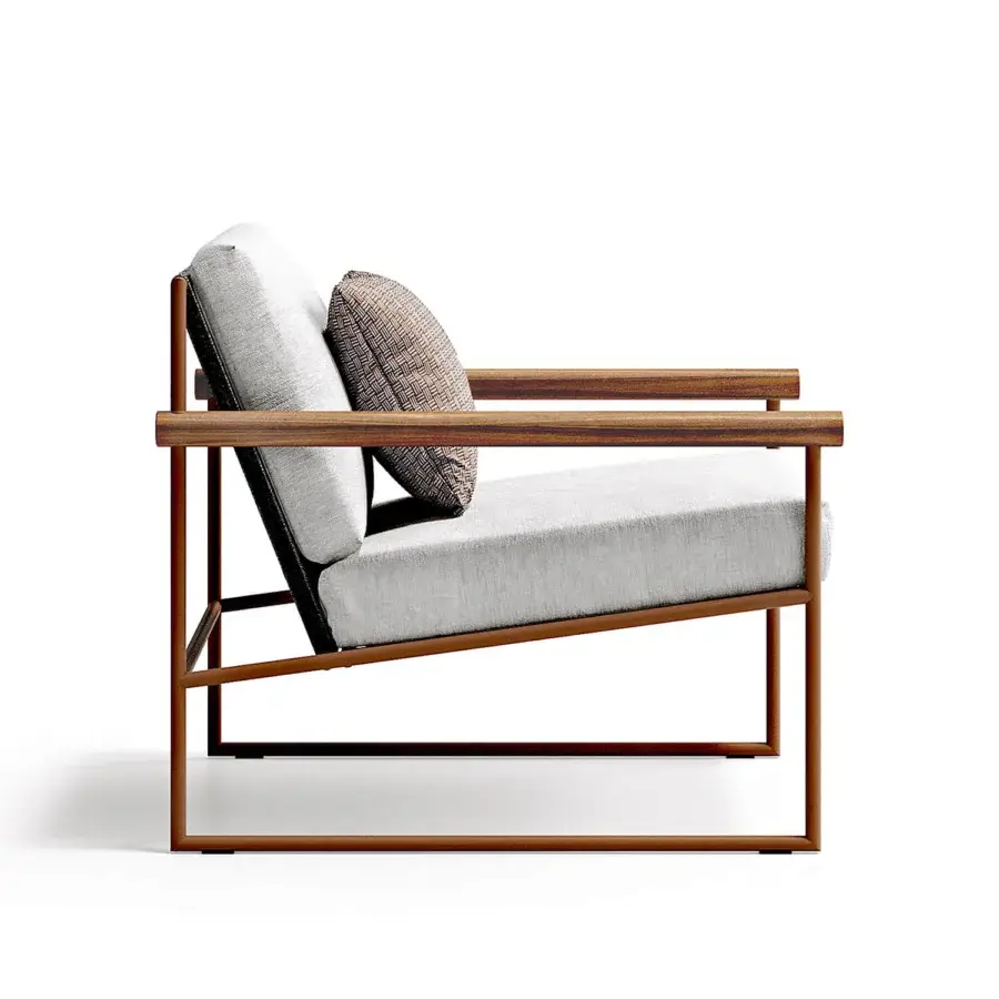 Elegant Atmosphera Pipe lounge chair with terracotta epoxy-coated steel, teak armrests and refined acrylic woven backrest in light gray textile