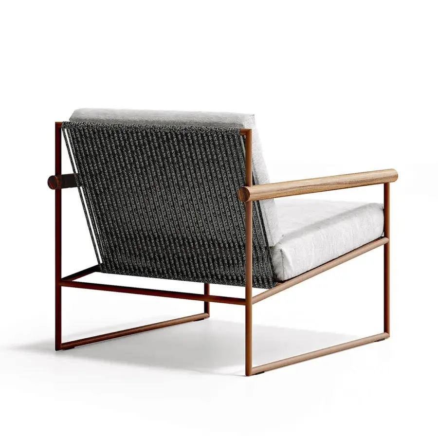 Distinguished Atmosphera Pipe lounge chair with terracotta epoxy-coated steel, teak armrests and hand-woven black acrylic cord backrest