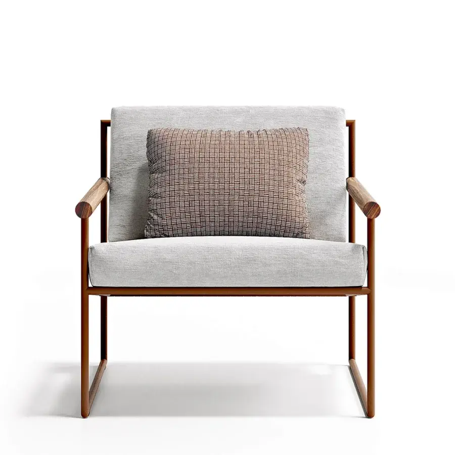 Captivating Atmosphera Pipe lounge chair with terracotta epoxy-coated steel, cylindrical teak armrests and hand-woven acrylic cord backrest
