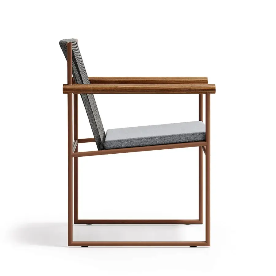 Distinguished Atmosphera Pipe armchair crafted with terracotta epoxy-coated steel and hand-woven gray acrylic cords with cylindrical teak armrests