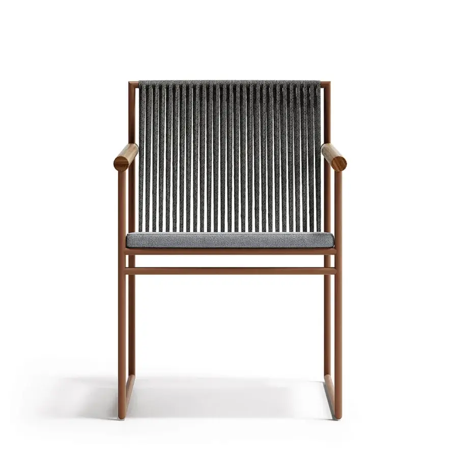 Distinguished Atmosphera Pipe armchair with terracotta epoxy-coated steel, hand-woven dark gray acrylic cords and cylindrical teak armrests