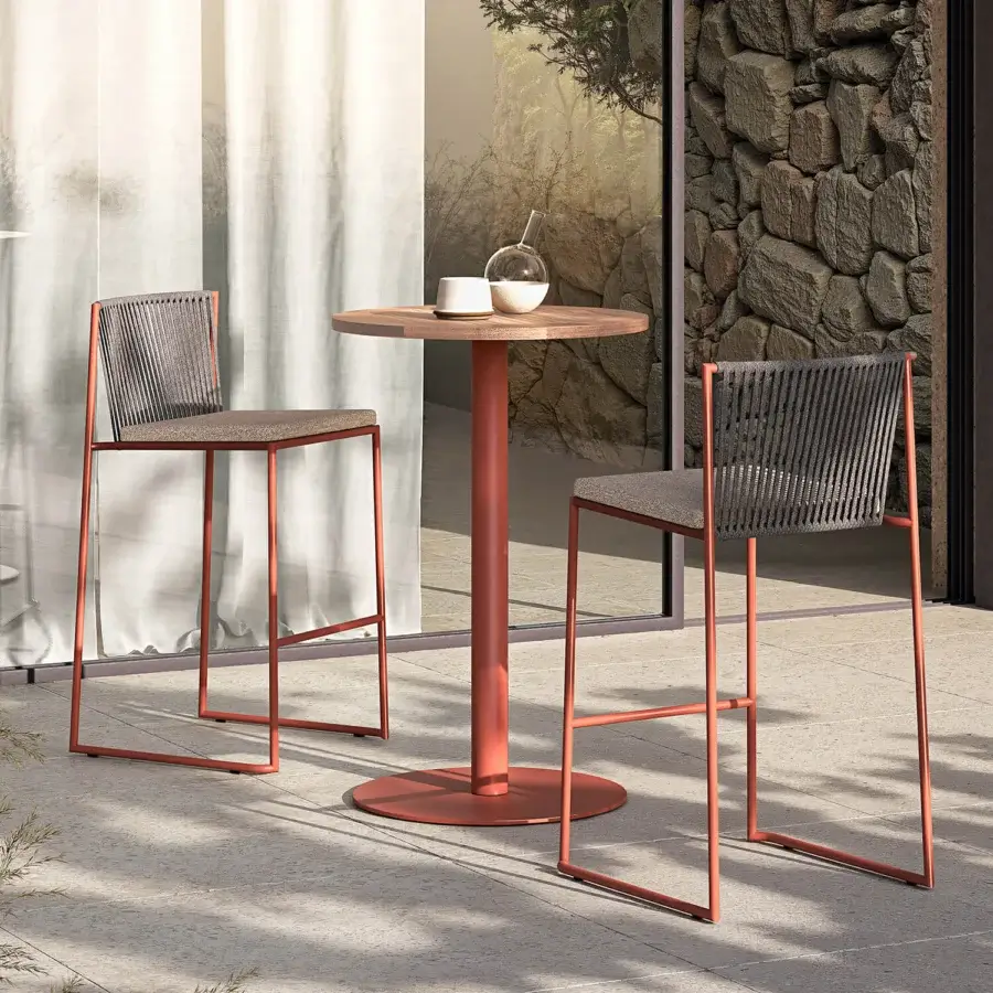 Distinguished Atmosphera Pipe stool with terracotta epoxy powder-coated steel and dark gray hand-woven acrylic rope backrest