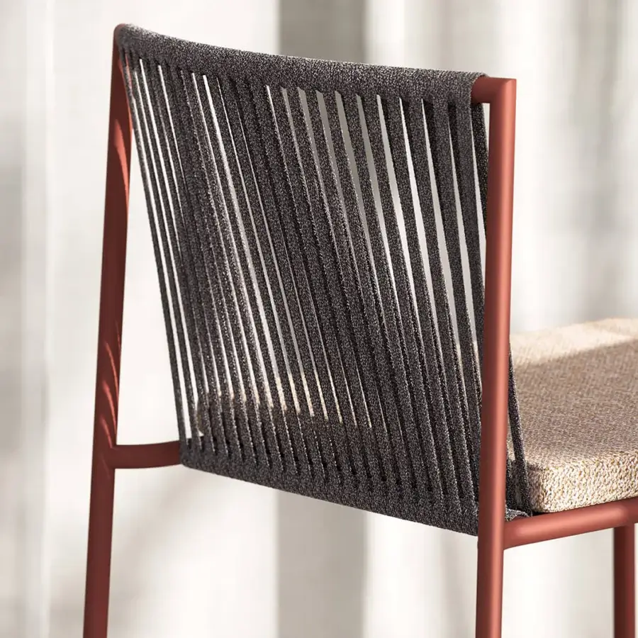 Exceptional Atmosphera Pipe stool with terracotta epoxy powder-coated steel and dark gray hand-woven acrylic rope backrest