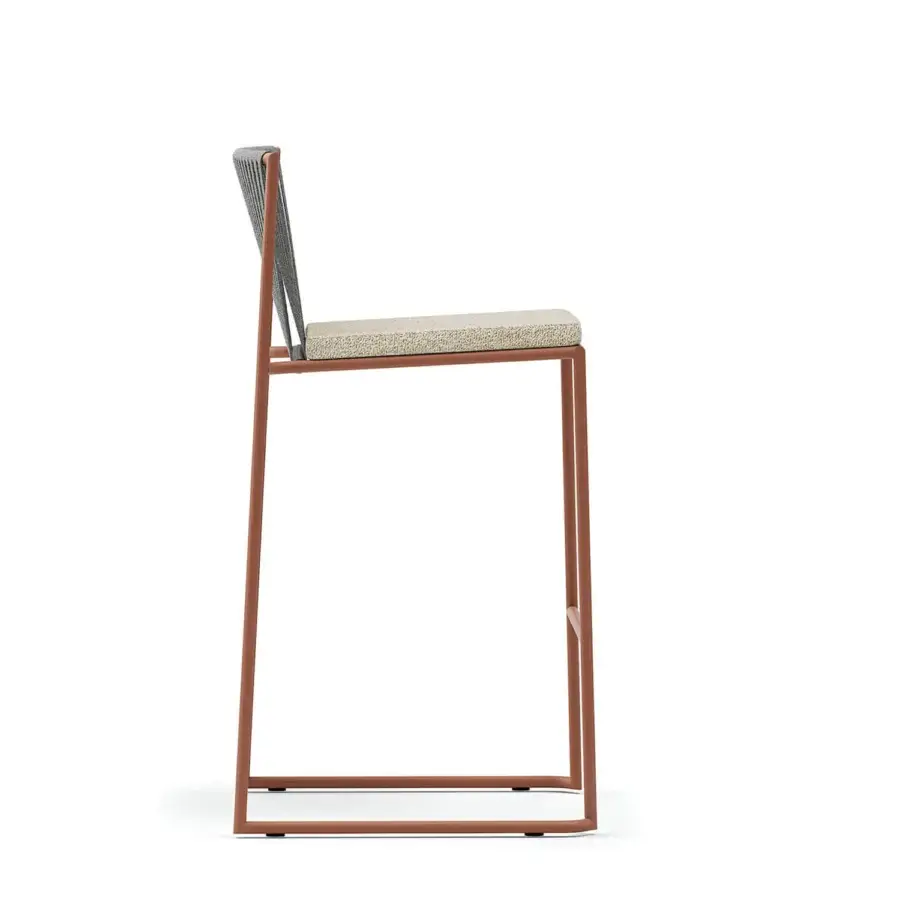 Superior Atmosphera Pipe stool with terracotta epoxy powder-coated steel and meticulously hand-woven acrylic rope backrest
