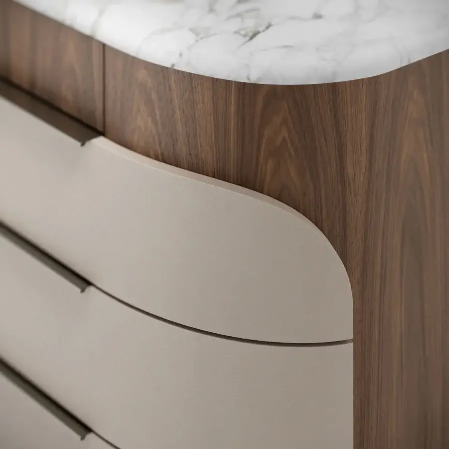 Distinguished Capital Clori dresser with warm wood veneer, light beige upholstery and striking marble-like top