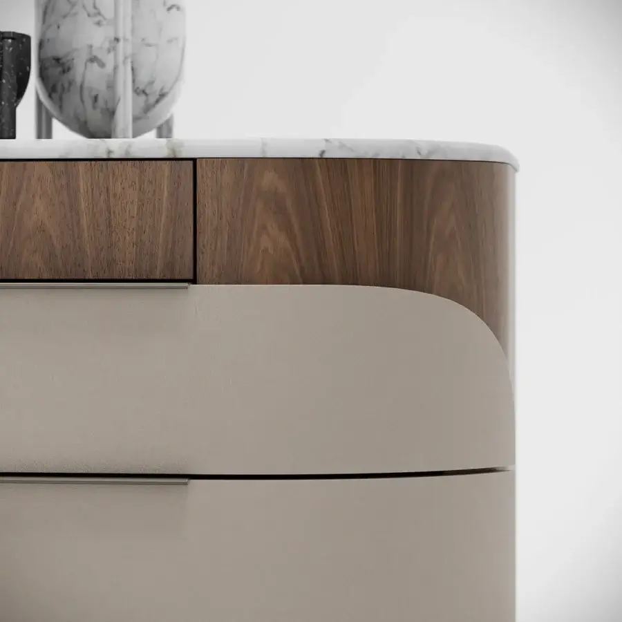 Superior Capital Clori dresser with wood veneer structure, six leather upholstered drawers and luxurious lacquer top