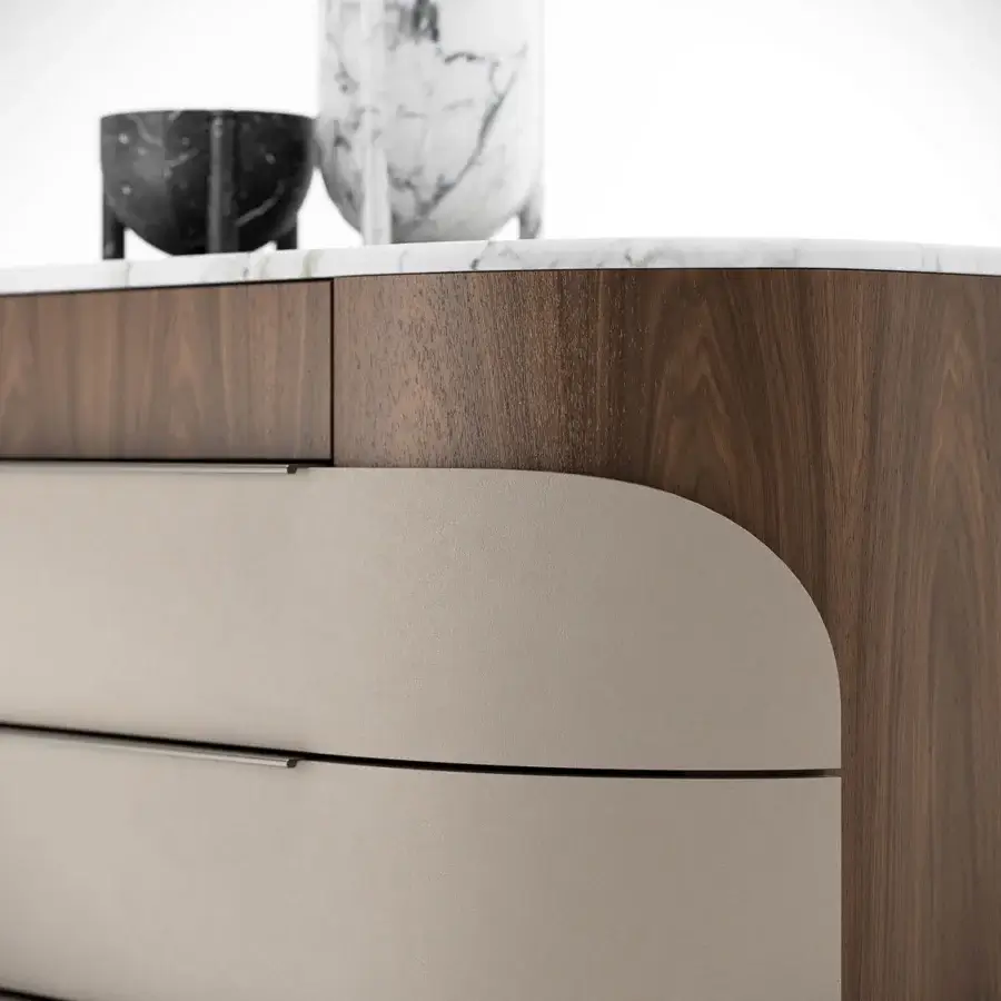 Distinguished Capital Clori dresser with wood veneer, six leather drawers and metallic finish plinth base crafted in Italy