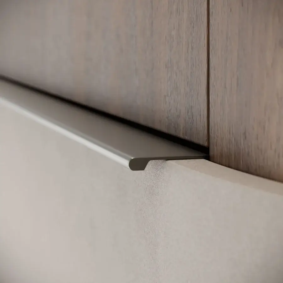 Exclusive Capital Clori dresser with wood veneer, beige leather drawers and metallic gray-silver hardware crafted in Italy