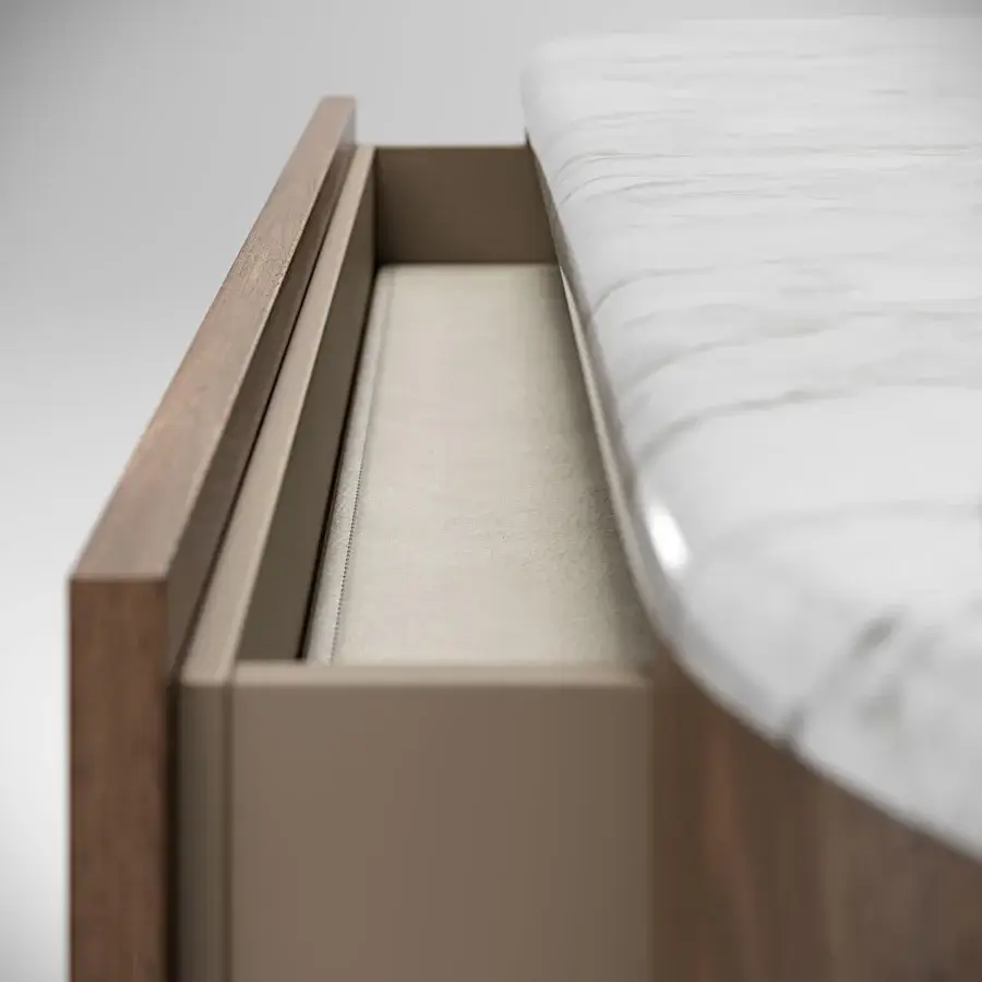 Captivating Capital Clori dresser with wood veneer, white marble and leather upholstered drawers in a warm brown finish