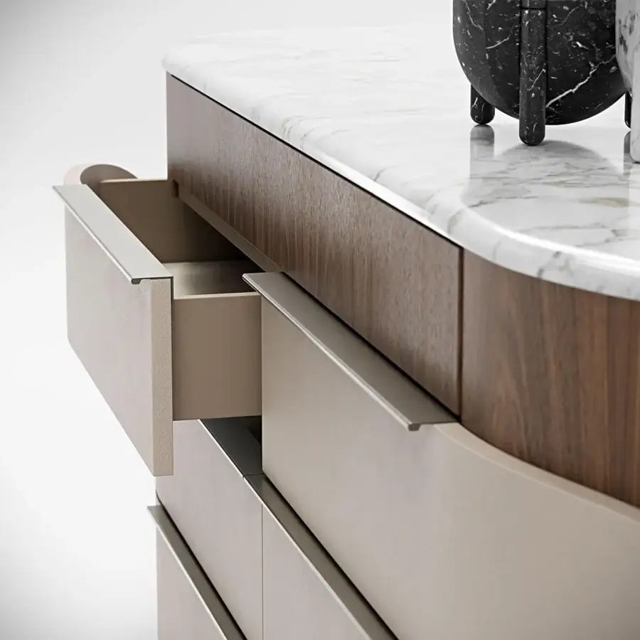 Distinguished Capital Clori dresser crafted with wood veneer, beige leather and white marble, exhibiting a polished aesthetic