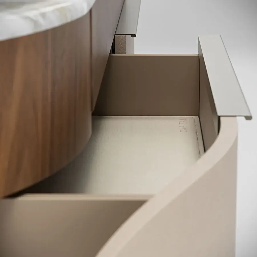 Exclusive Capital Clori dresser built with wood veneer, leather and lacquer, displaying a satin finish