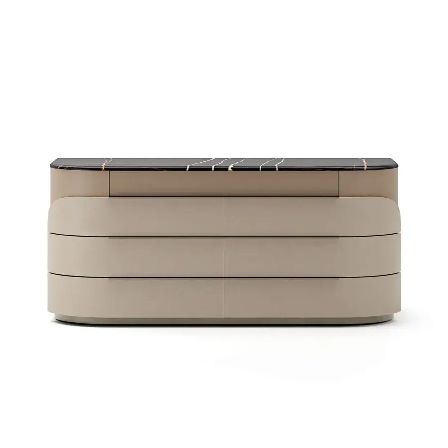 Elegant Capital Clori dresser built with wood veneer and marble, showcasing six leather-upholstered drawers in a neutral beige tone