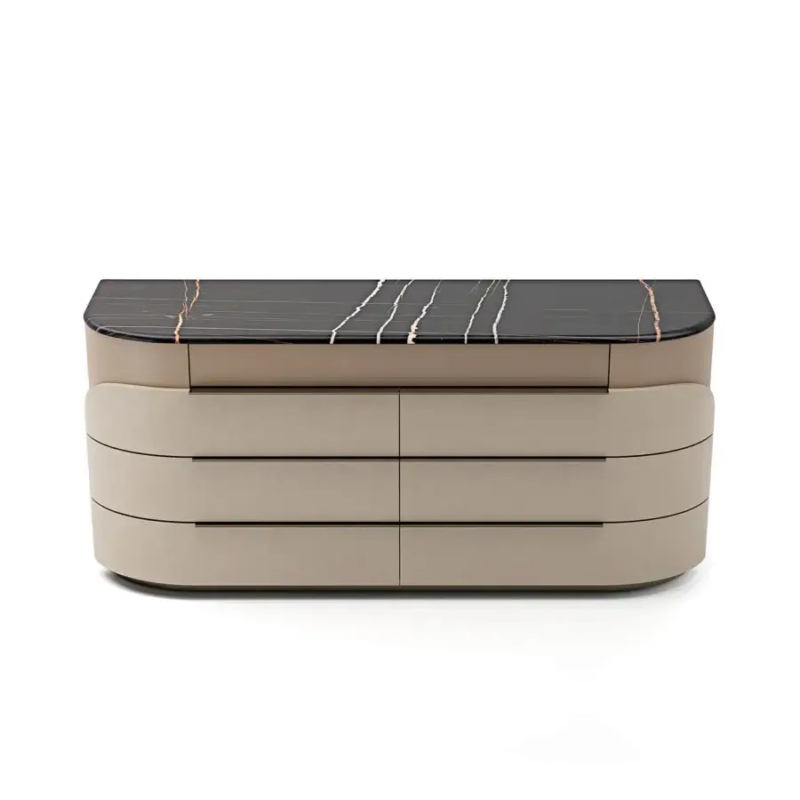 Superior Capital Clori dresser with wood veneer, leather and a black marble top, displaying a neutral beige matte finish