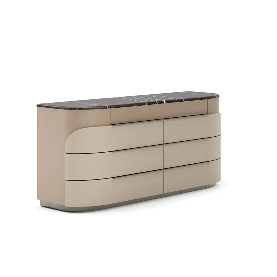 Exclusive Capital Clori dresser built with wood veneer, leather upholstery and a striking marble top with metallic finish