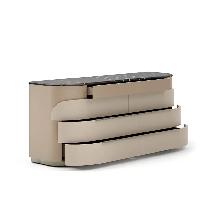 Captivating Capital Clori dresser built with wood veneer, leather upholstery and a dark marble top with metallic finish