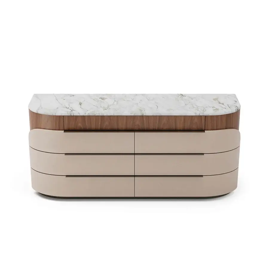 Superior Capital Clori dresser with wood veneer, satin upholstered leather and a glossy white marble top with metallic plinth base