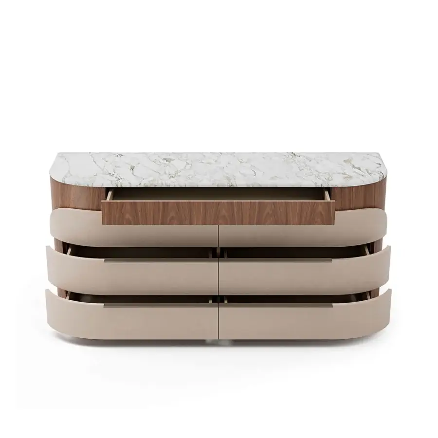 Distinguished Capital Clori dresser crafted with wood veneer, upholstered leather and a white marble top with grey veining