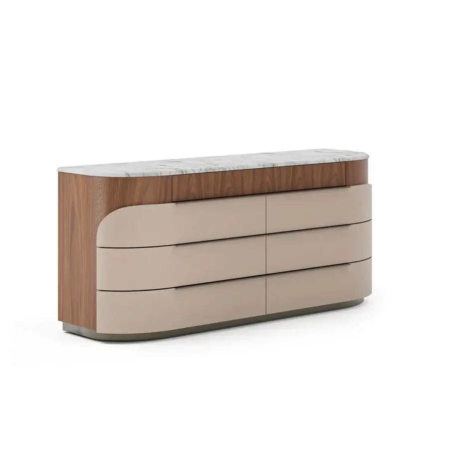 Exclusive Capital Clori dresser built with wood veneer, light grey and white marble, plus upholstered leather drawer fronts with a metallic plinth