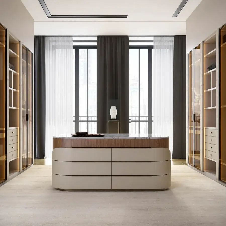 Superior Capital Clori dresser with wood veneer and leather upholstery, exhibiting a light taupe color and satin finish