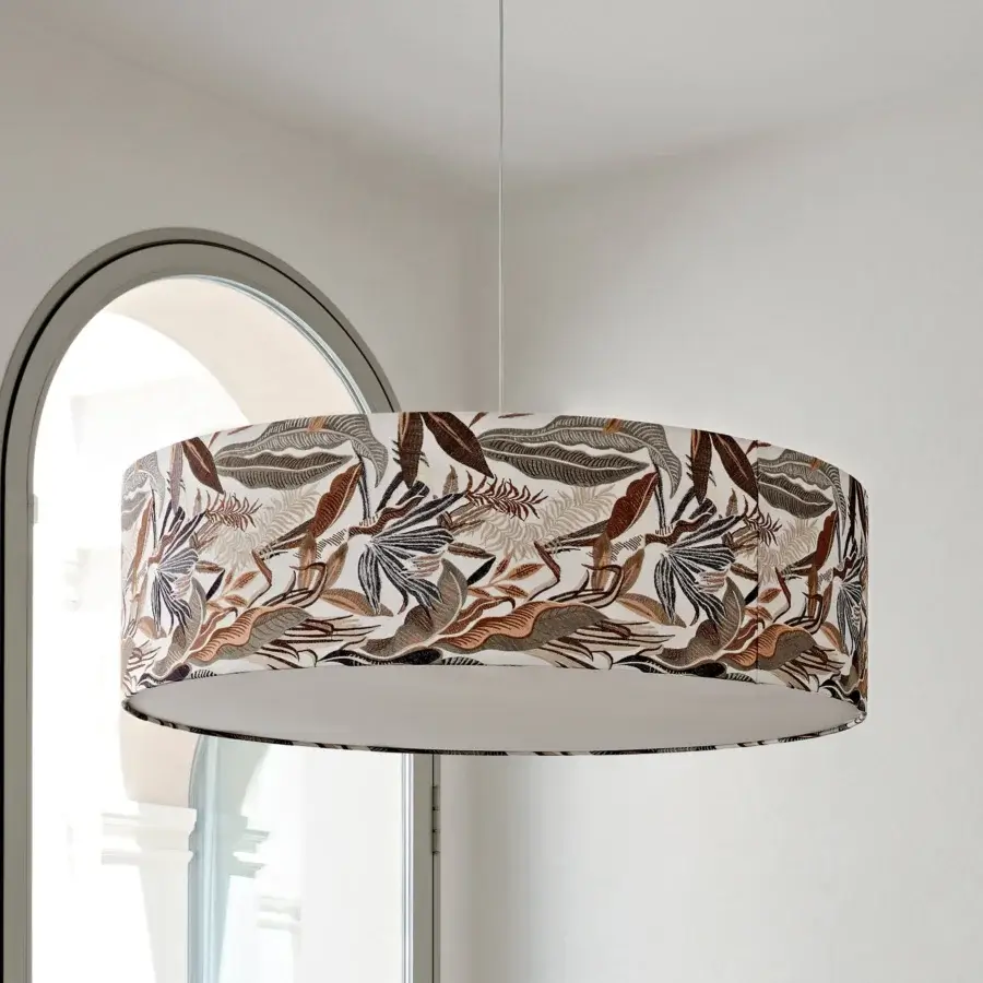 Distinguished Black Tie Omega Suspension Lamp featuring a cylindrical lampshade crafted with patterned fabric and painted steel structure