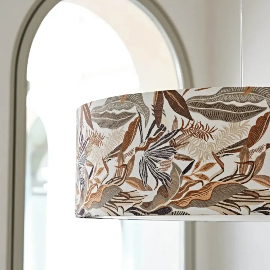 Exceptional Black Tie Omega Suspension Lamp featuring patterned fabric lampshade built with painted steel and warm earthy tones