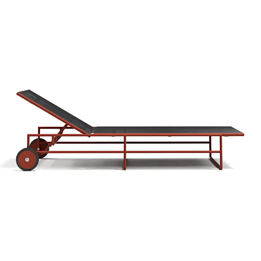 Exceptional Atmosphera Pipe Lounger, a reclining form with reddish-orange tubular steel and dark gray textilene, finished matte