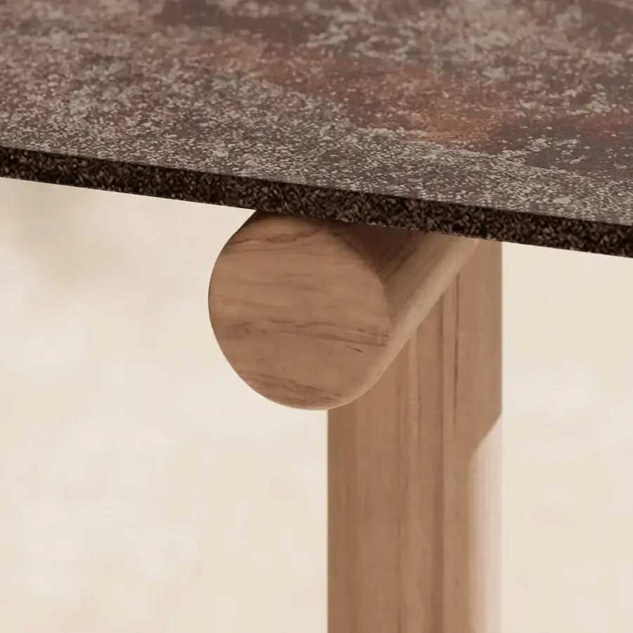 Superior Atmosphera Pipe table with a mottled brown gres porcelain stoneware top and solid Asian teak leg support