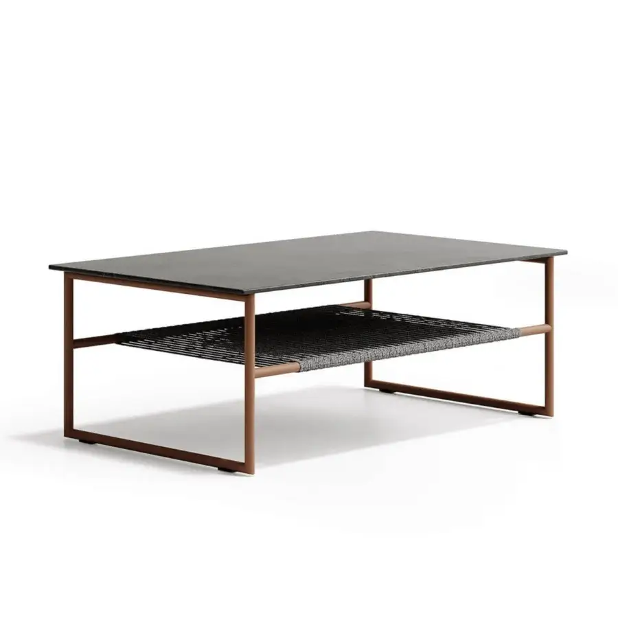 Superior Atmosphera Pipe coffee table with terracotta steel framing and a dark stoneware gres tabletop built with a woven grey rope undertop