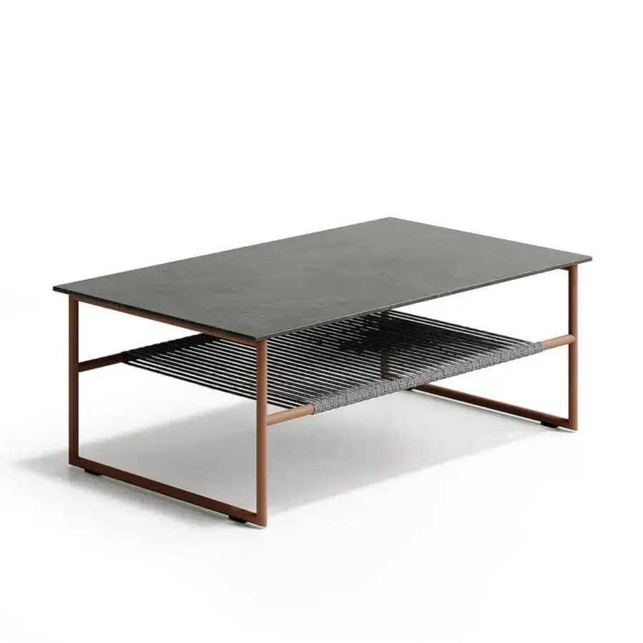 Elegant Atmosphera Pipe coffee table with terracotta powder-coated steel and dark gray gres stoneware, crafted with a hand-woven grey rope undertop