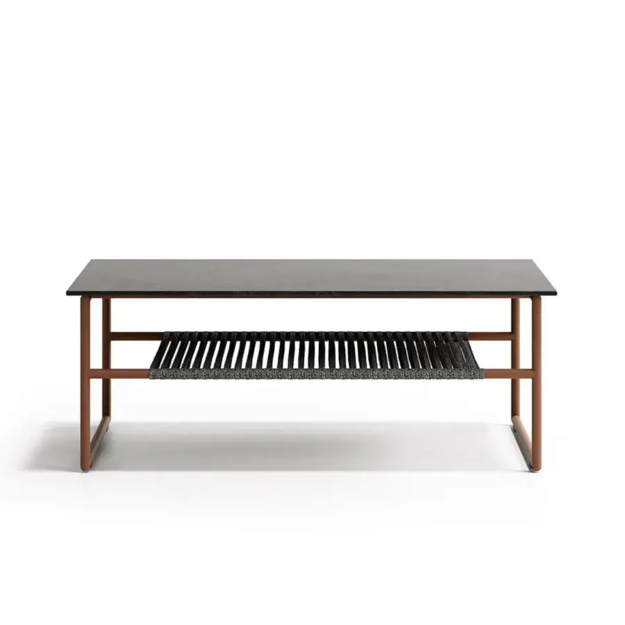 Distinguished Atmosphera Pipe coffee table with stoneware gres top and warm terracotta epoxy powder-coated steel frame with woven grey rope undertop