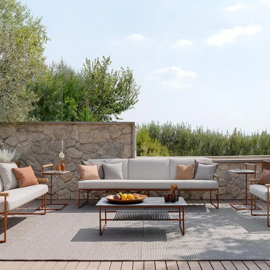 Exceptional Atmosphera Pipe coffee table with woven texture gres surface and terracotta powder-coated steel frame built with a hand-woven rope shelf