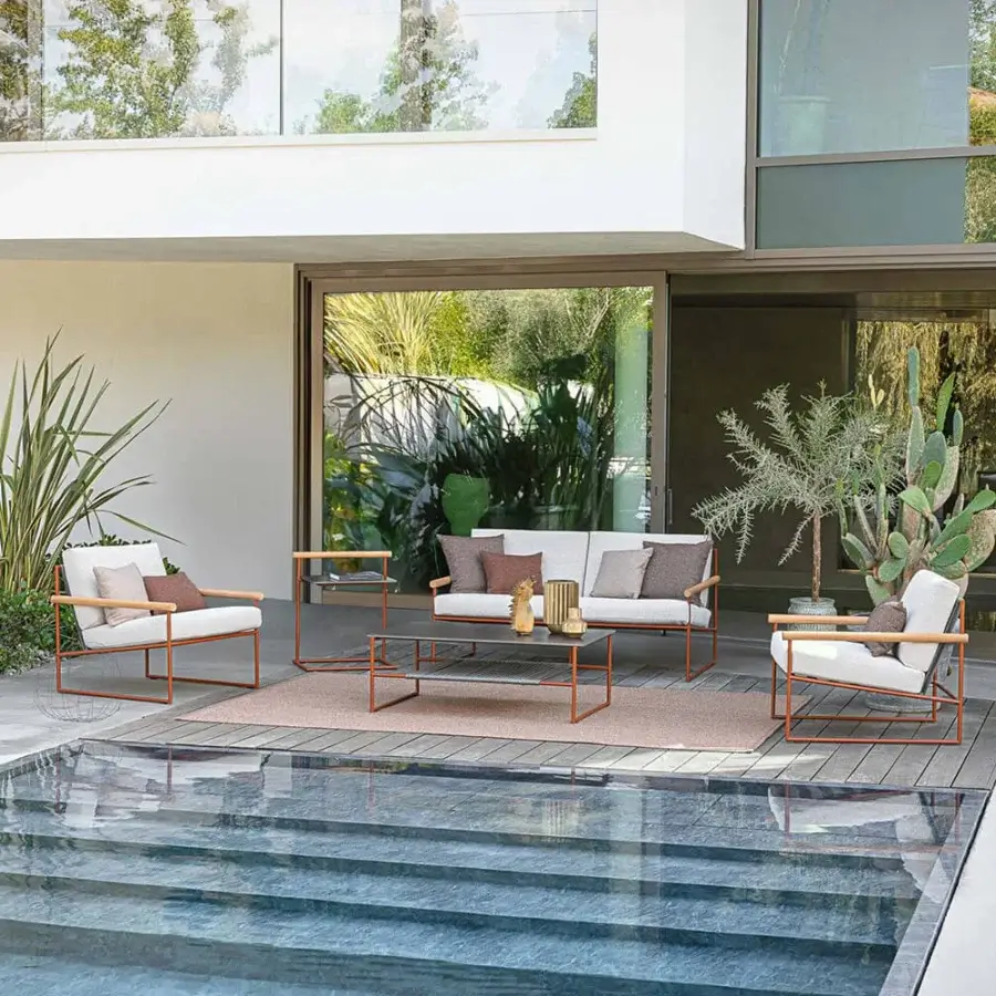 Exceptional Atmosphera Pipe coffee table with terracotta steel frame and natural stoneware gres tabletop crafted with woven gray rope undertop