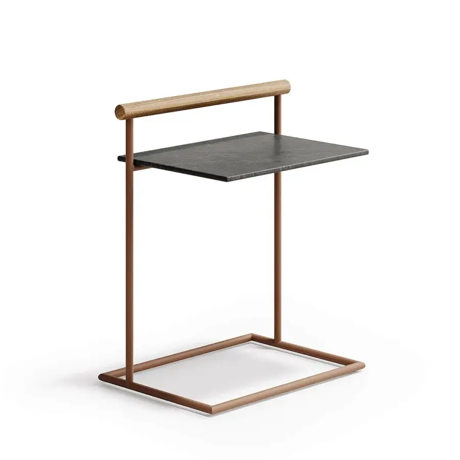 Distinguished Atmosphera Pipe side table with terracotta steel frame and durable gres stoneware top crafted with an integrated teak handle