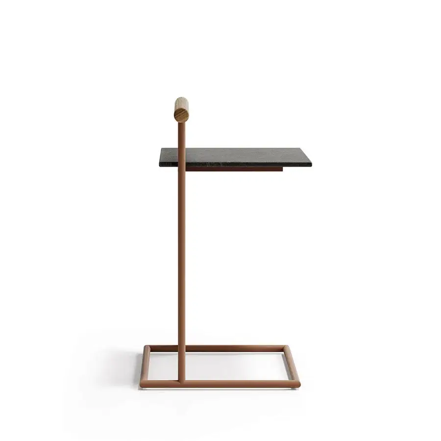 Exceptional Atmosphera Pipe side table with gres stoneware tabletop and terracotta-finished steel frame built with a teak handle