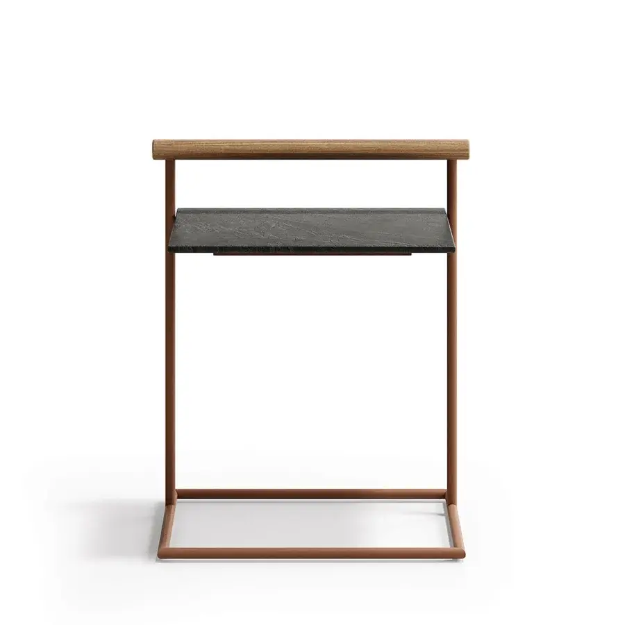 Superior Atmosphera Pipe side table with dark gray gres stoneware top and terracotta-finished steel frame built with teak handle
