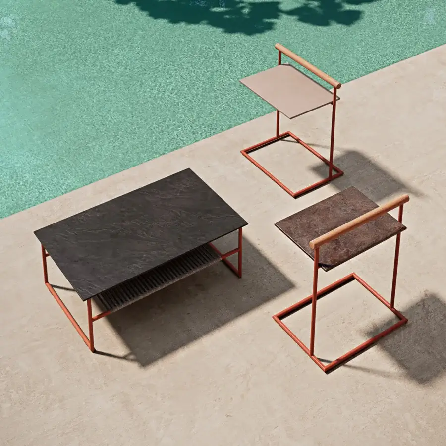 Elegant Atmosphera Pipe side table with terracotta-finished steel frame and durable gres stoneware tabletop including a teak handle