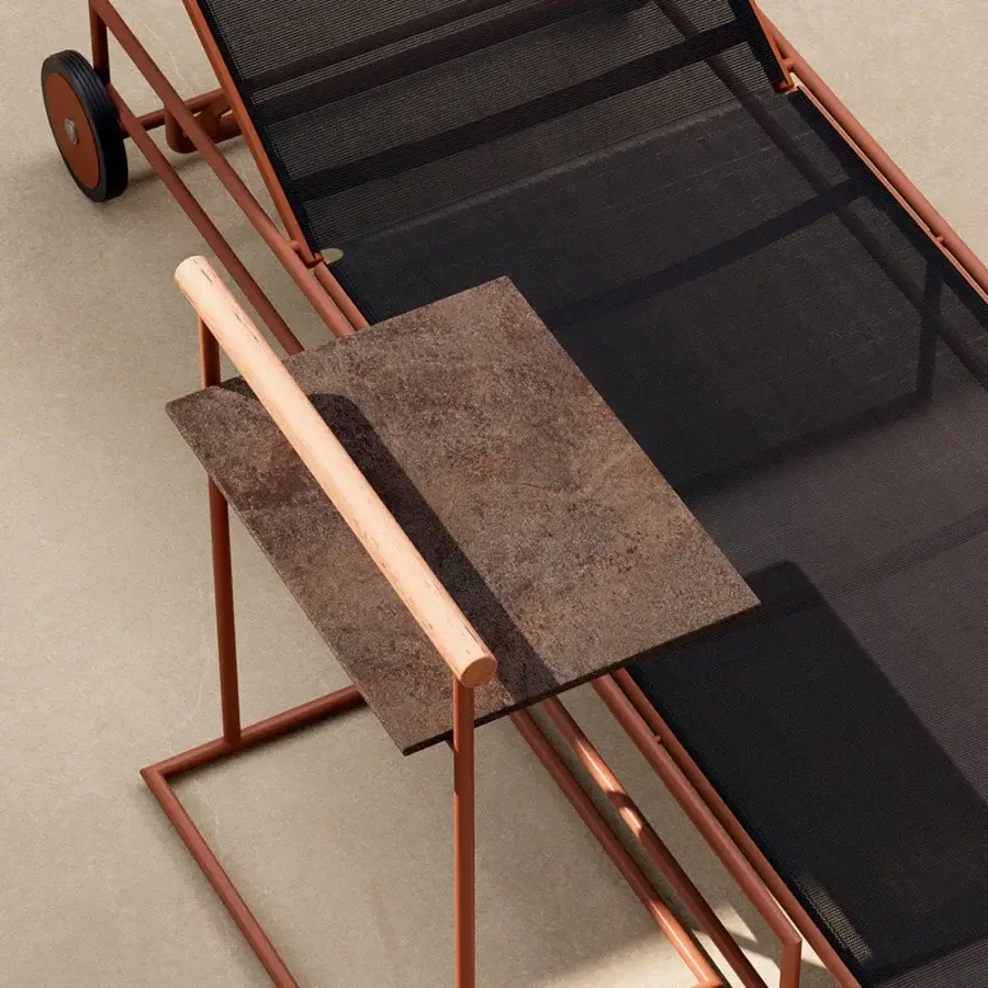 Distinguished Atmosphera Pipe side table with terracotta-finished steel and gres stoneware, crafted with a teak handle