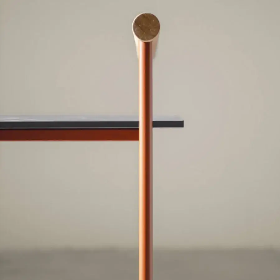 Exceptional Atmosphera Pipe side table built with gres stoneware and terracotta-finished steel, including a teak handle