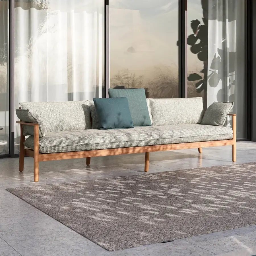 Sophisticated Atmosphera Panama sofa with subtly patterned muted gray textile and refined linear teak frame