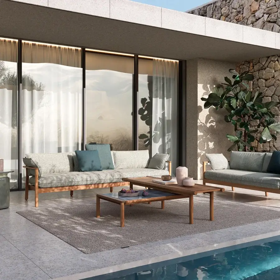 Distinguished Atmosphera Panama sofa with solid teak structure, light grey woven fabric and two square teal cushions with a satin finish