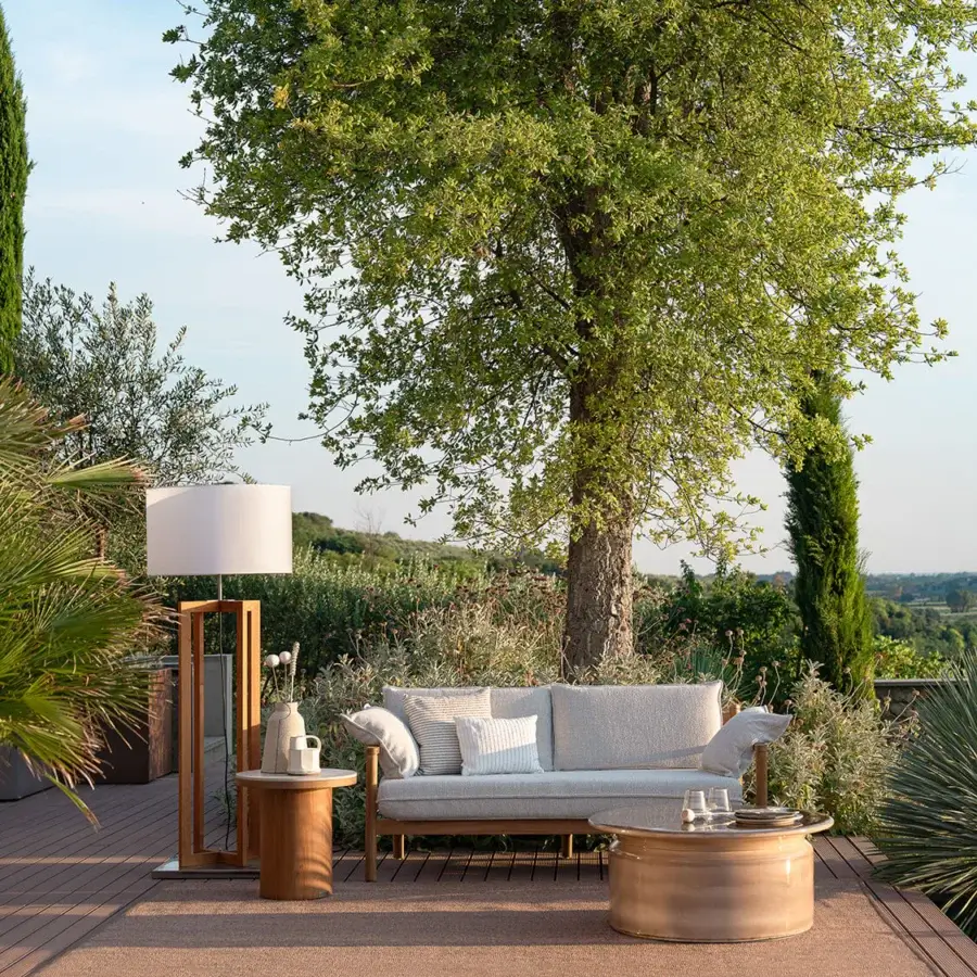 Distinguished Atmosphera Panama sofa with solid teak structure and high-performance upholstery in a muted beige-grey palette