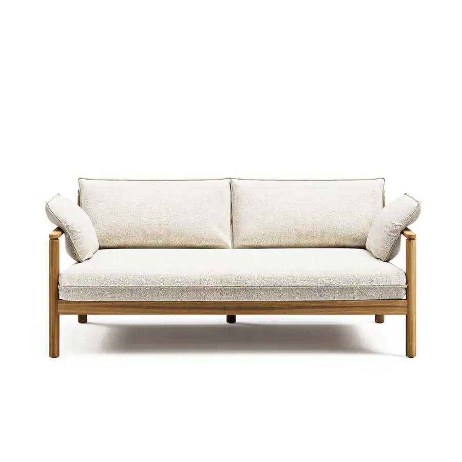 Lavish Atmosphera Panama sofa with substantial solid teak frame and inviting light beige high-performance upholstery in satin finish