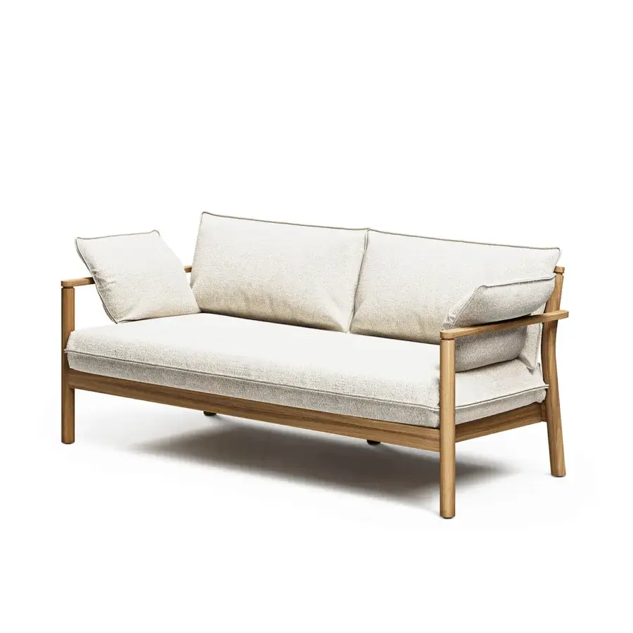 Superior Atmosphera Panama sofa with substantial solid teak frame and inviting light beige high-performance upholstery in satin sheen